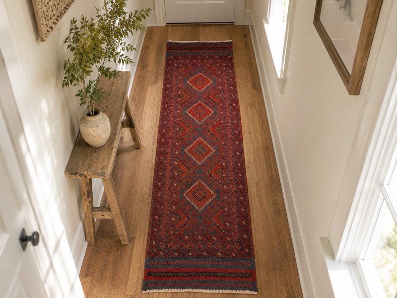 Vintage Afghan Baluchi Wool Runner Rug Hand Knotted Medallion Red Blue 2x8 Feet gallery