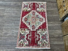 1×3 Vintage Red Tribal Turkish Door mat, Hand-Knotted Wool Rug, Bathroom Rug
