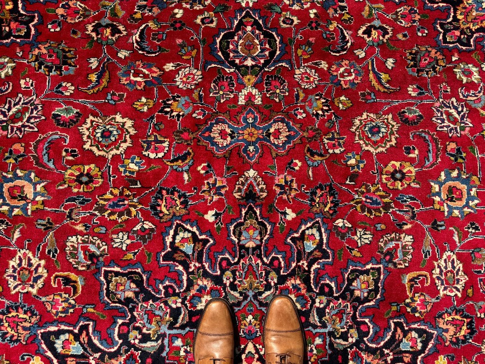 RED ORIENTAL RUG handmade ANTIQUE 10x13 VINTAGE colorful navy blue old big 9x12