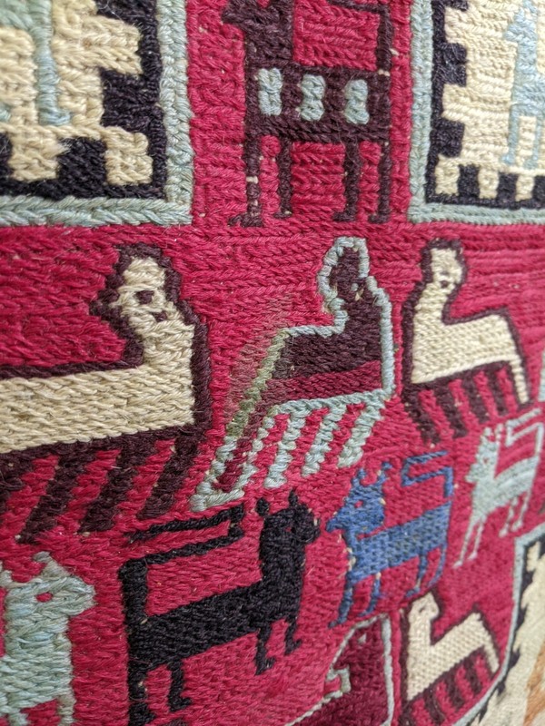 Vintage Handmade Wool Rug Turkish Braided Kilim /Soumak Design 43" x 54" Animals gallery