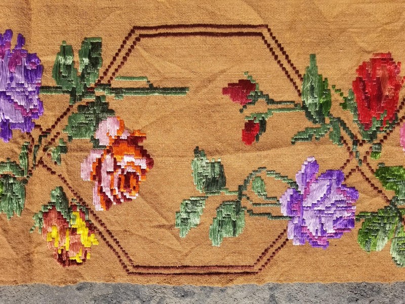 Vintage Handmade Romanian Floral Embroidered Wool Multicolor Kilim 183x119cm gallery