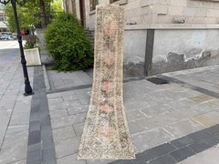 Long Vintage Turkish Oushak Rug 2.2×12.6 ft Beige Pink Hallway Gallery Runner