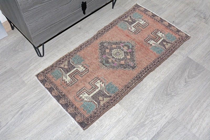 Vintage Turkish Red Rug 20x42 Inches | Small Oushak Rug | Distressed Modern Rug gallery