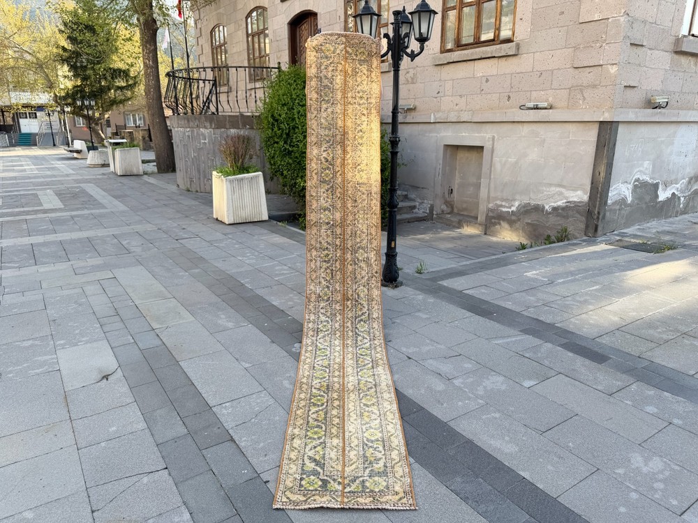 Vintage Turkish Oushak Runner Rug 1.8x12.5 ft Lime Green Hallway Rug