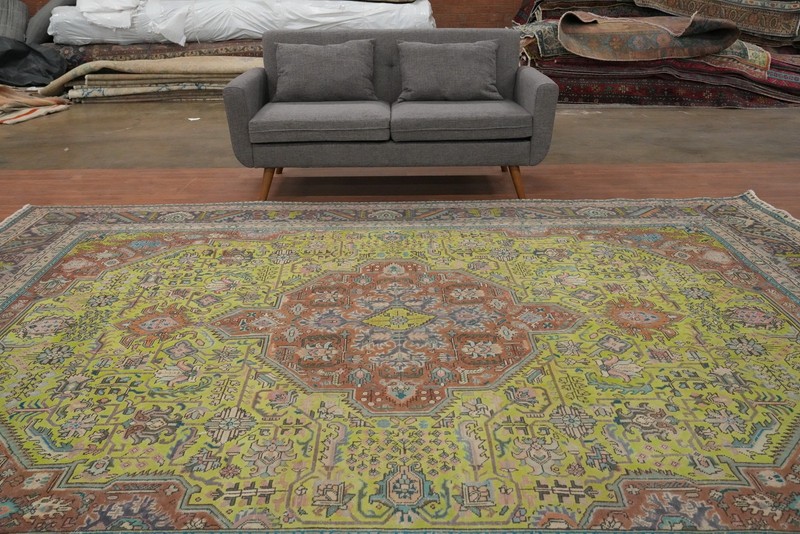 Over-Dyed Light Green Geometric Traditional Hand-knotted Room Size Rug 10x13 gallery