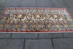 Vintage Hand Made Traditional Oriental Wool White Blue Short Runner 95x217cm