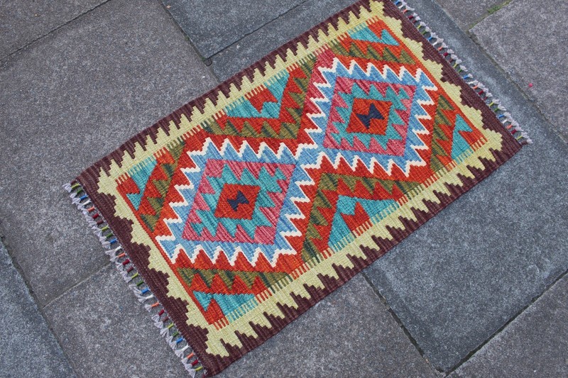 Kilim Vintage Traditional Hand Made Oriental Brown Red Wool Small Kilim 89x55cm gallery
