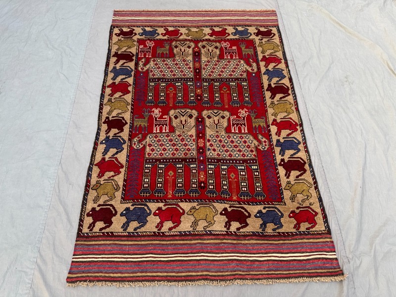 Vintage Afghan Hand Knotted Pictorial Rug 4'1x6'4 Wool Animal Tribal Wall Rug gallery