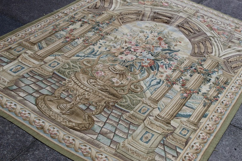 Vintage Hand Made French Design Original Green Wool Aubusson Tapestry 220X150cm gallery