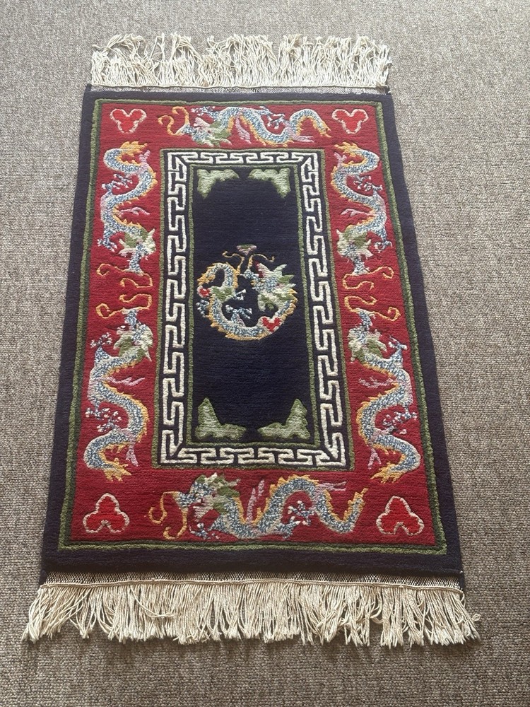Vintage Tibetan Handmade Dragon Multicolor Wool Rug Carpet 119x57 cm