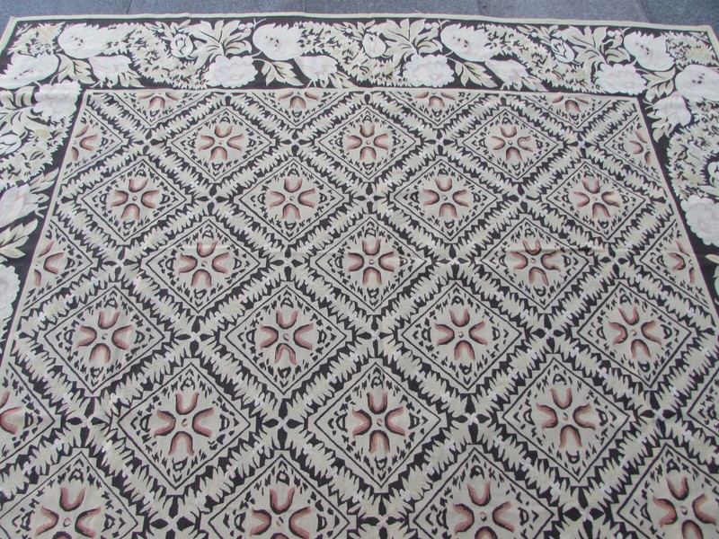 Vintage Hand Made French Design Wool Black Beige Original Aubusson 308X239cm gallery