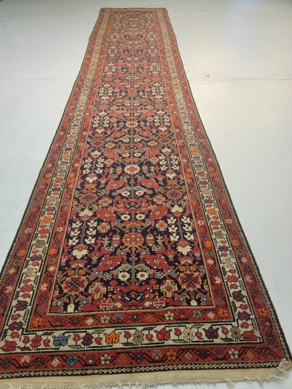 Antique Oriental Hand-Knotted Wool Runner Malayer Rust/Ivory/Blue 3'5" x 16'4" gallery