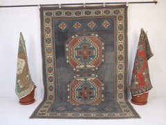 Vintage Hand Knotted Area Rug Blue Red Beige Geometric Turkish Rug 5×8 ft