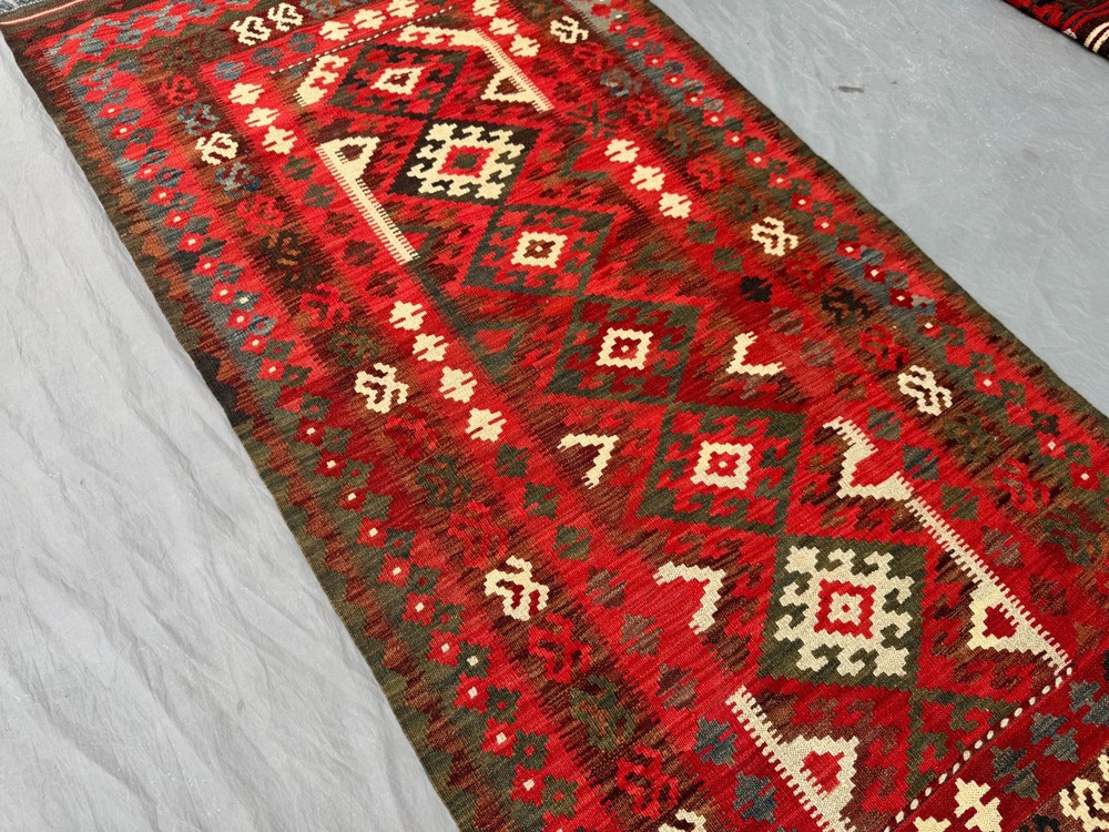 Vintage Afghan Kilim Rug, Handwoven Flat Weave Red Green Tribal Geometric Rug