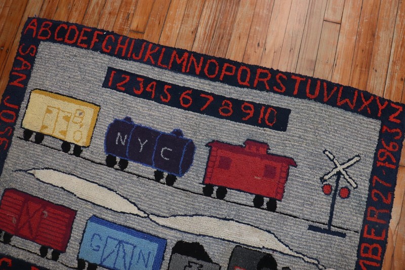 Vintage American Hook Hooked Pictorial Dated Train Rug Size 2'10''x4'4'' gallery