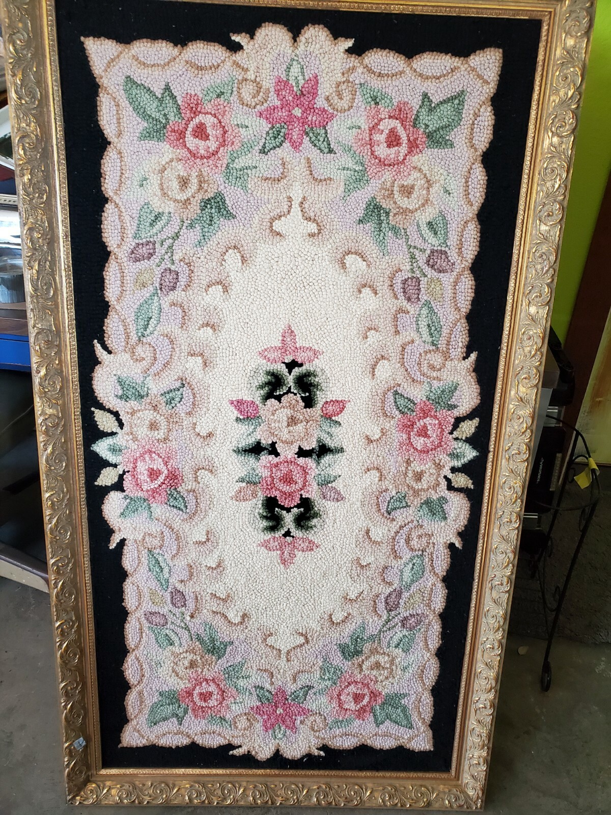 Antique Hand Hooked Crafted Rug - 47" x 24" Floral, Black/Beige/Slate Blue gallery