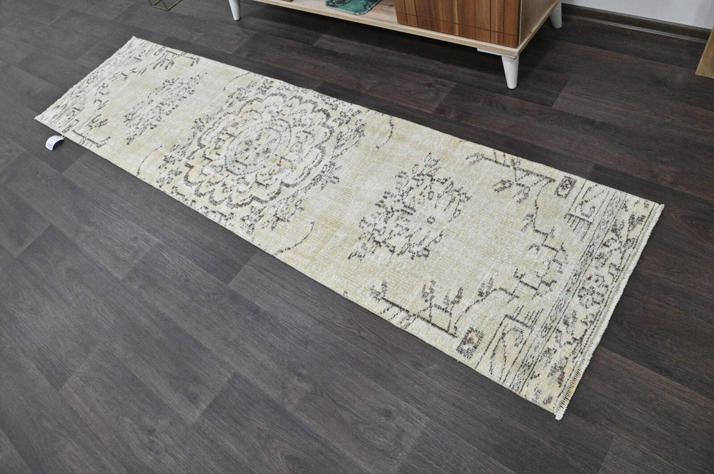 Vintage Turkish Runner Rug 2x8ft BEIGE Handmade Anatolian Oushak Hallway Wool