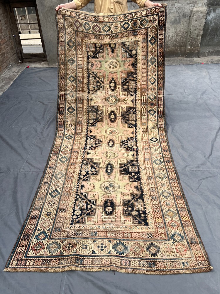 Cream Black Distressed Low Pile Rug 4x9 ft Hand Knotted Turkish Vintage Carpet