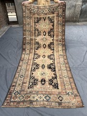 Cream Black Distressed Low Pile Rug 4×9 ft Hand Knotted Turkish Vintage Carpet