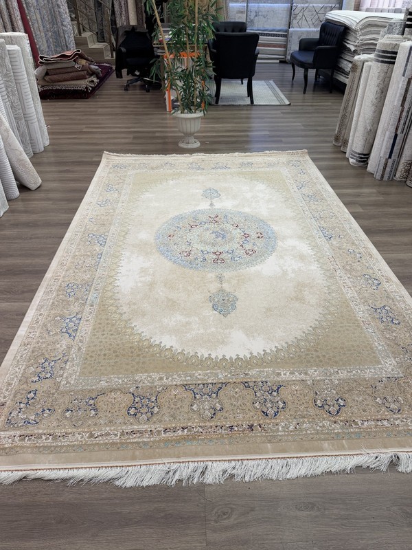 Turkish Silk Rug 7x10 Beige Blue Medallion Large Area Carpet Luxury Decor gallery