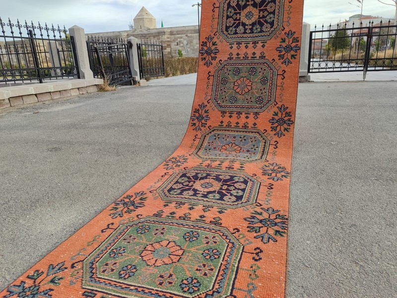 16'8" ft extra long runner rug stair hallway, Long runner Turkish Oushak vintage gallery