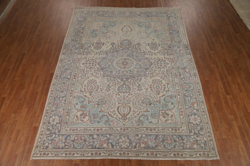 Vintage Beige/ Gray Wool Floral Tebriz Area Rug 8x11 Traditional Hand-made Rug gallery