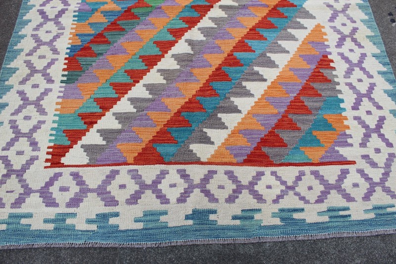 Kilim Vintage Traditional Hand Made Oriental Blue Red Wool Kilim 194x156cm gallery