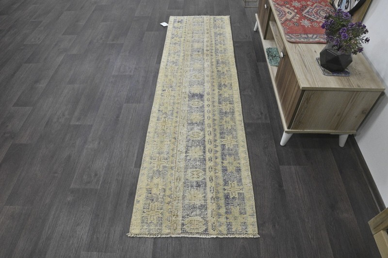 Vintage Turkish Runner Rug 2x7ft BEIGE Handmade Anatolian Oushak Hallway Wool gallery