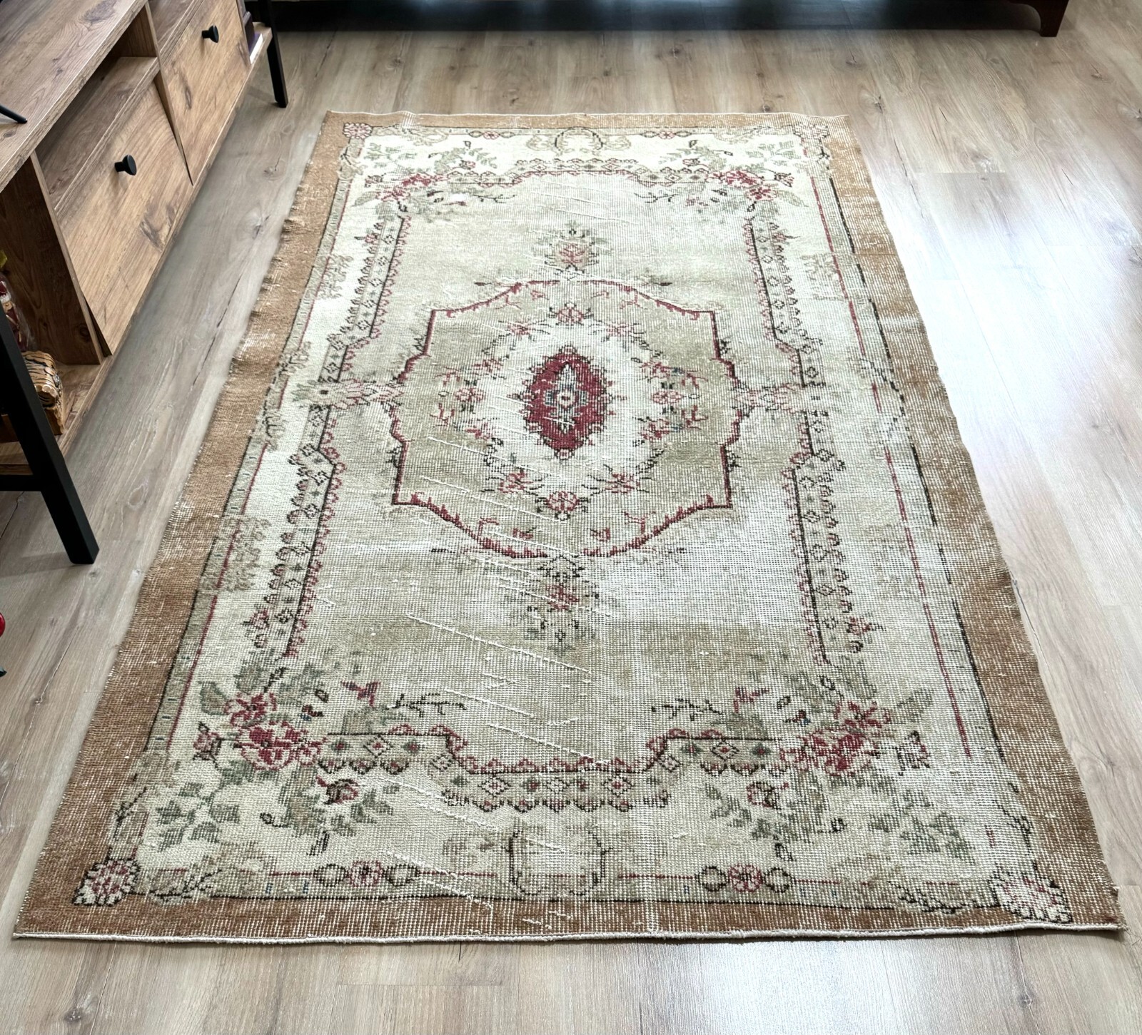 4x7 Beige Oushak Rug, Handwoven Vintage Rug, Turkish Rug, Handmade Wool Area Rug gallery