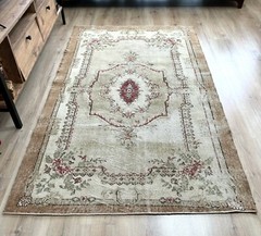 4×7 Beige Oushak Rug, Handwoven Vintage Rug, Turkish Rug, Handmade Wool Area Rug