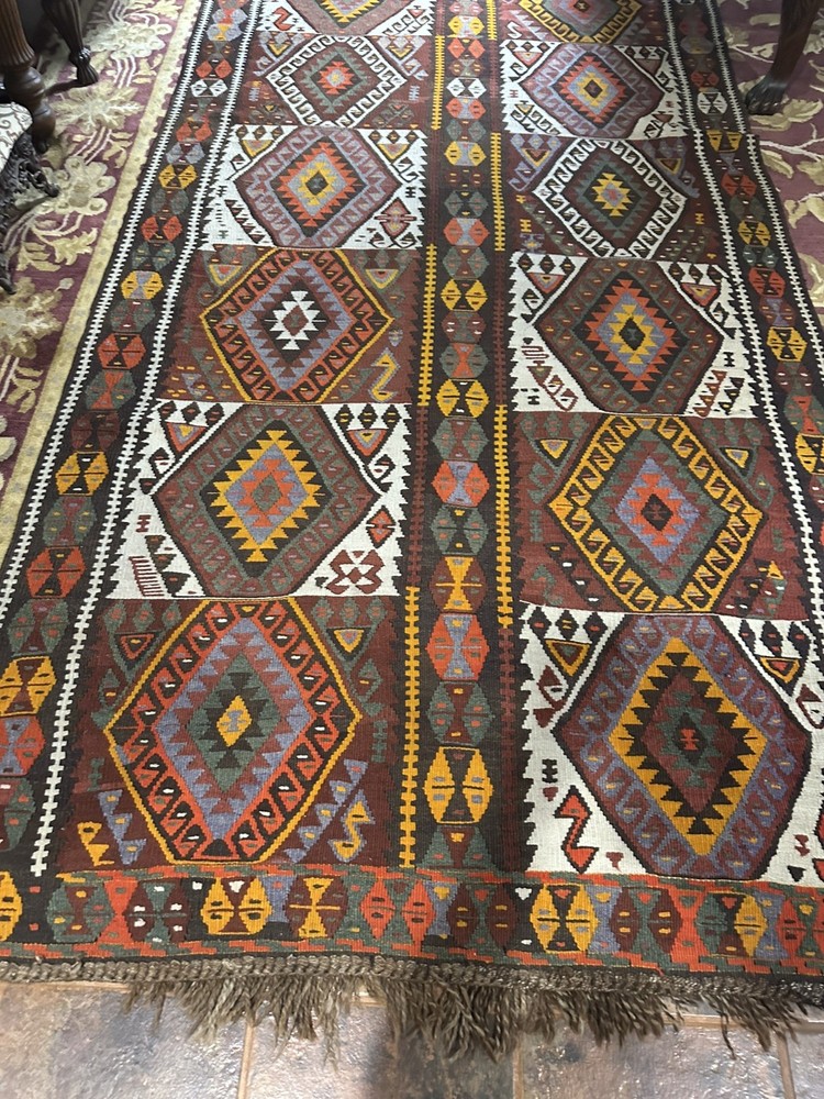 Turkish Handwoven Flat Weave Wool Kilim Rug Black Brown Cream Orange Blue