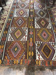 Turkish Handwoven Flat Weave Wool Kilim Rug Black Brown Cream Orange Blue