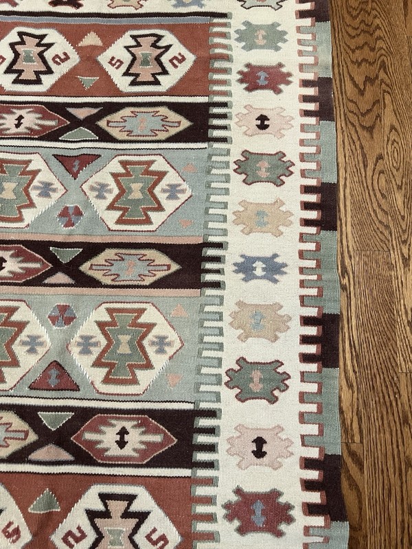 VTG 1970’s TURKISH KILIM TAPESTRY TEXTILE WALL HANGING RUNNER RUG WOOL 59" X 32" gallery
