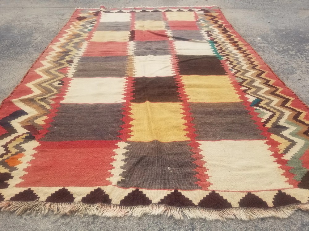 Distressed Vintage Hand Made Scandinavian Wool Multicolor Kilim 223x141cm