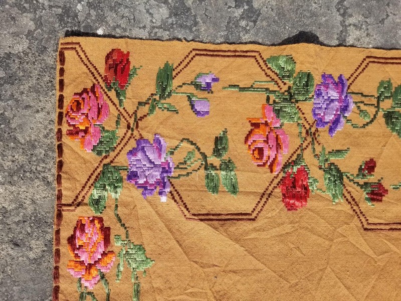 Vintage Handmade Romanian Floral Embroidered Wool Multicolor Kilim 183x119cm gallery
