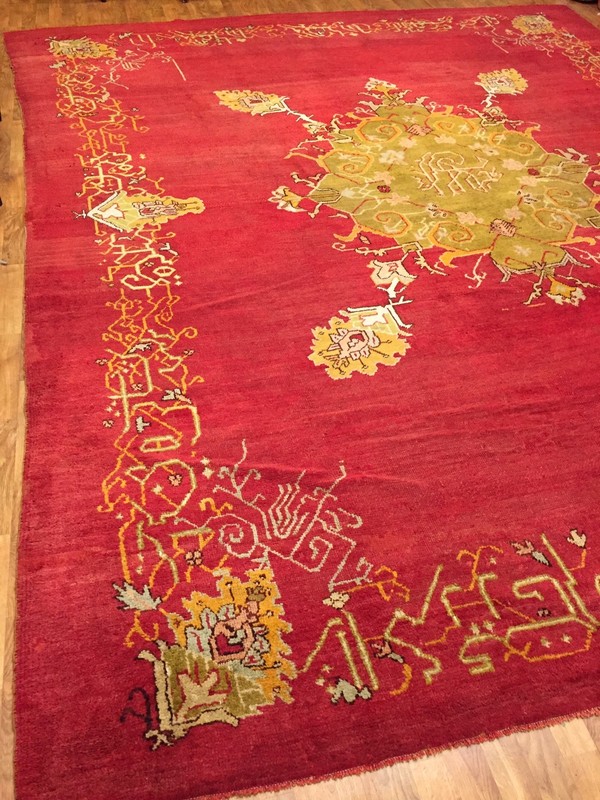 Antique Hand Knotted Turkish Ushak Size 10'5" x 12ft 3" Red Color Circa 1920s gallery