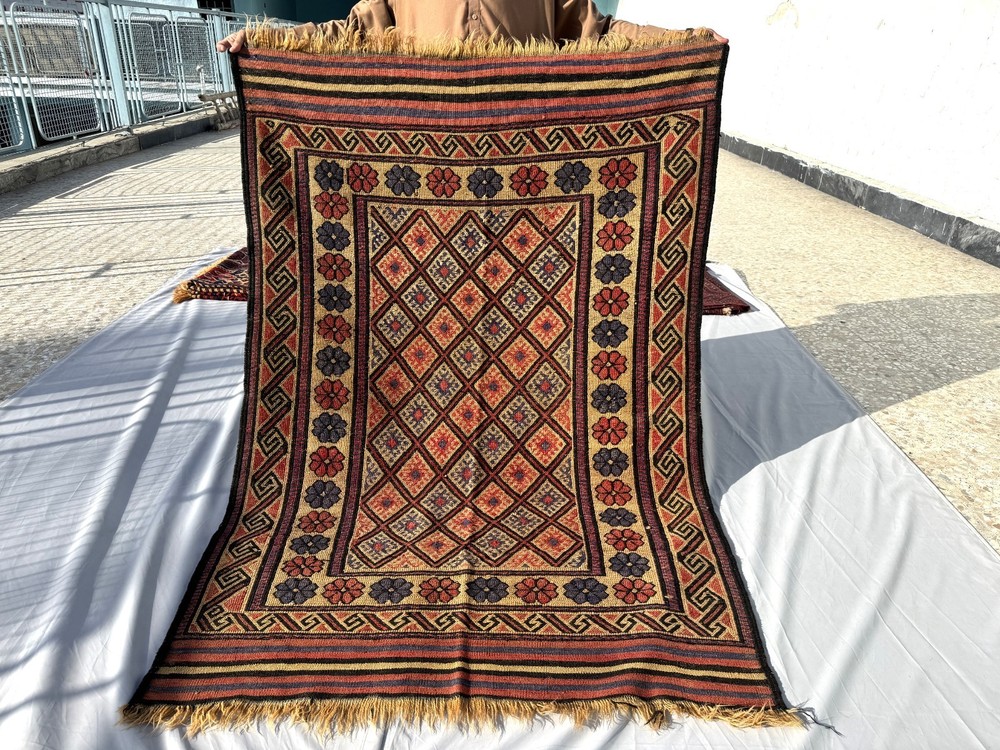 4x6 Handwoven Antique Afghan Kilim Rug Geometric Turkmen Terracotta Area Carpet