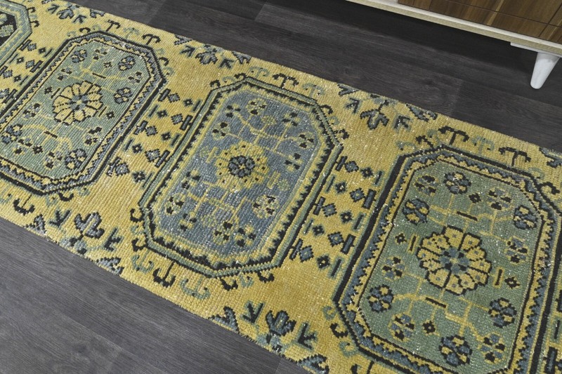 Vintage Turkish Runner Rug 2x10ft YELLOW Handmade Anatolian Oushak Hallway Wool gallery
