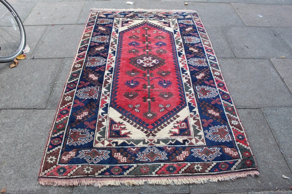 Vintage Hand Made Traditional Rug Oriental Wool Red Blue Large Rug 200x132cm