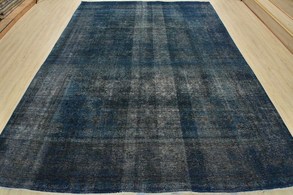 Vintage Overdyed 9’8” x 11’8” Blue Distressed Wool Hand-Knotted Oriental Rug