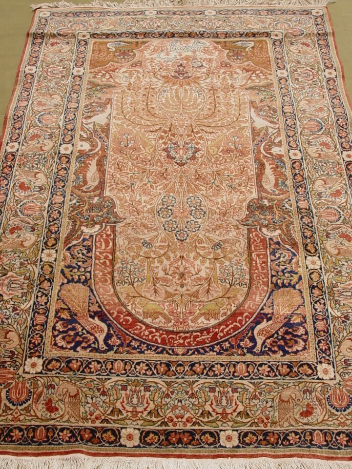ANTIQUE KERMANN HANDMADE PICTOTIAL TREE OF LIFE POEM ANIMAL BIRD RUG 4'6"x7'6"