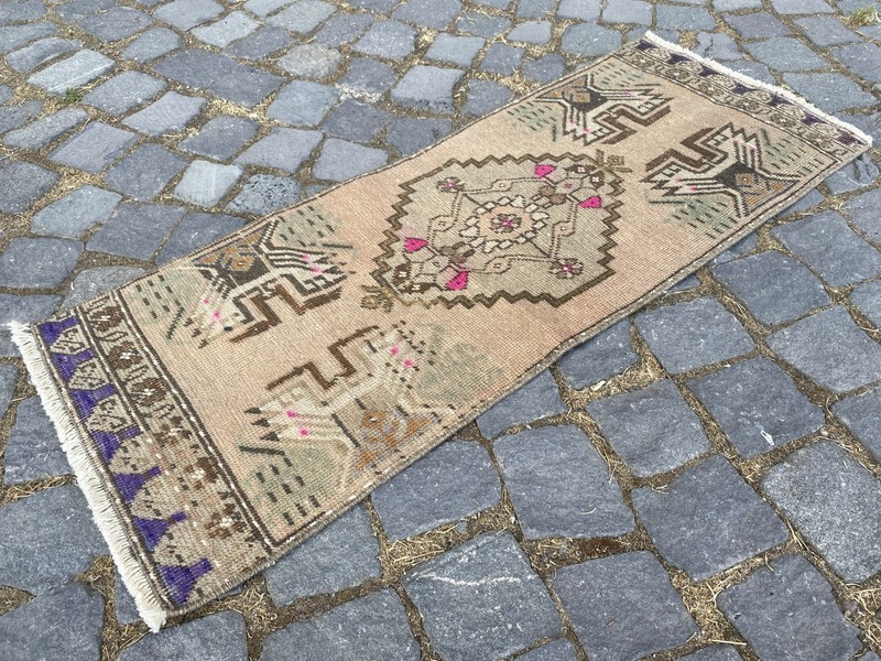 Vintage Turkish Rug, Hand-Knotted Wool, Sand Beige Tribal Small Runner Doormat gallery