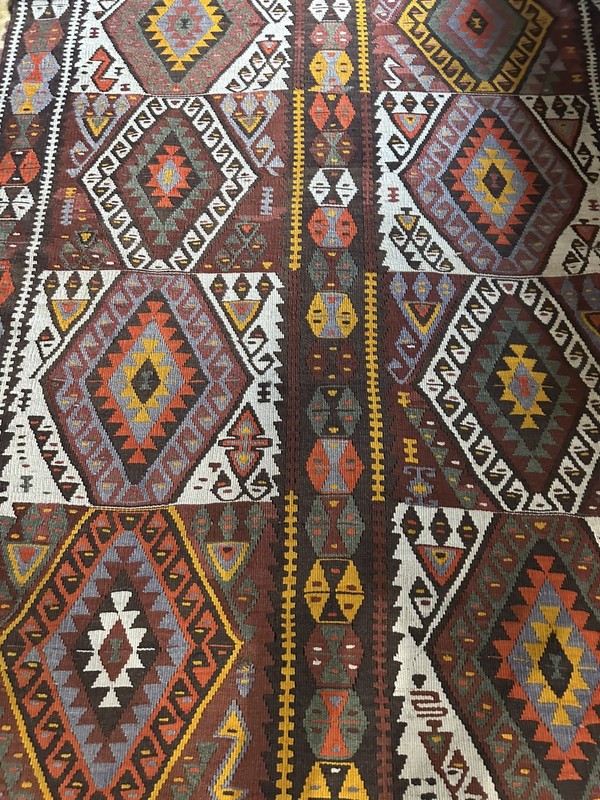 Turkish Handwoven Flat Weave Wool Kilim Rug Black Brown Cream Orange Blue gallery