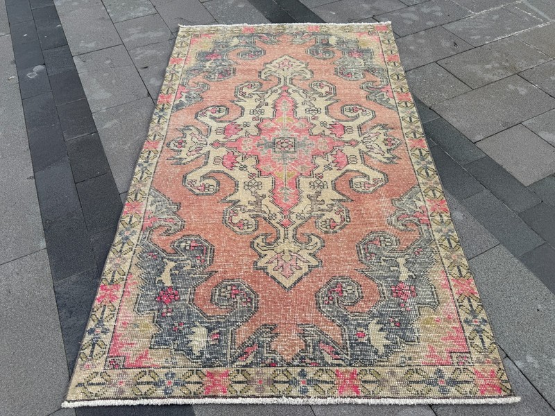 Vintage Turkish Rug 4.3x7.2 Ft Handmade Wool Oushak Area Rug Pink Floral gallery