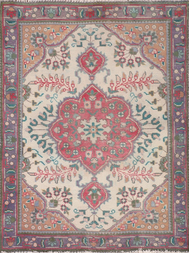Vintage Ivory/ Purple Rug 3x5 Traditional Floral Hand-knotted Wool Carpet