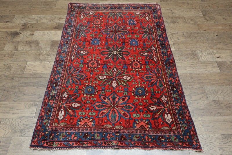 Pre-1900 Antique Vegetable Dye Rug 4x7 Ft Handmade Geometric Wool Red Carpet gallery