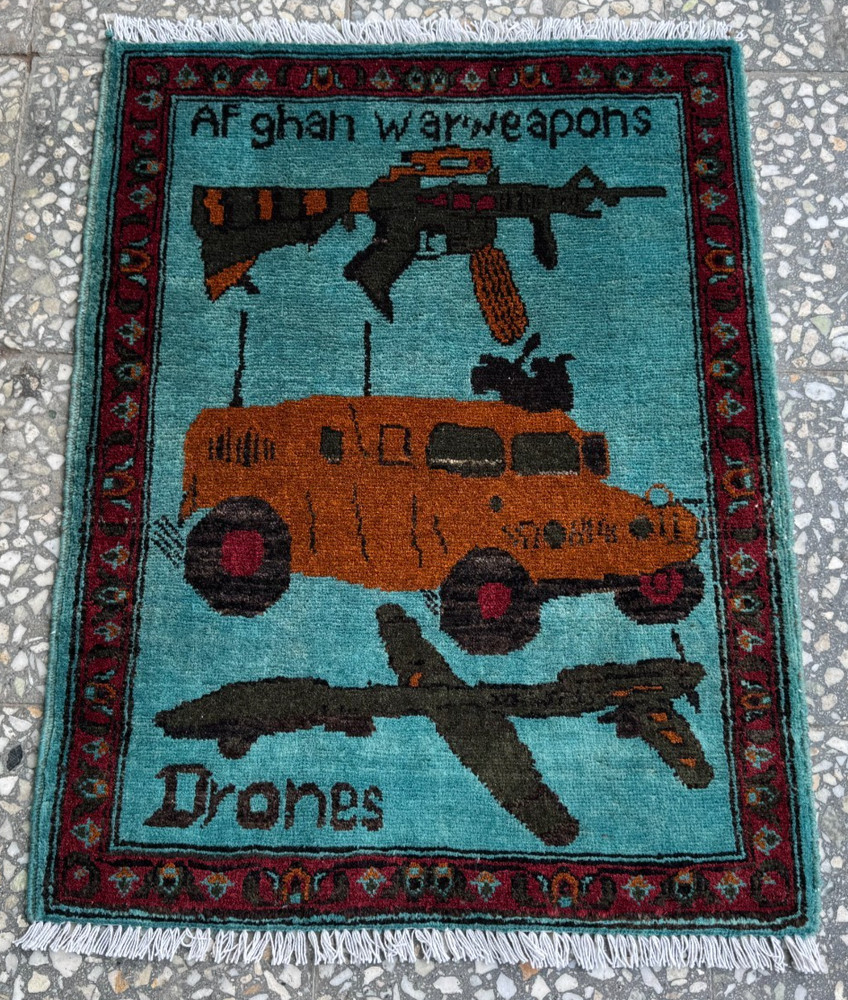 2x3 Afghan Hand Knotted War Rug Pictorial Drones Military Teal Wool Carpet New
