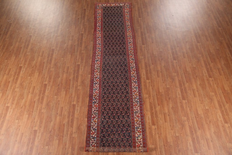 Pre-1900 Vegetable Dye Navy Blue Wool 16 ft Runner Hand-made Antique Rug 4x16 gallery