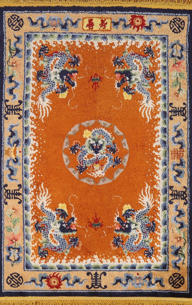 Orange Art Deco Vegetable Dye Chinese Rug 4x6 ft Hand-knotted Silk Carpet