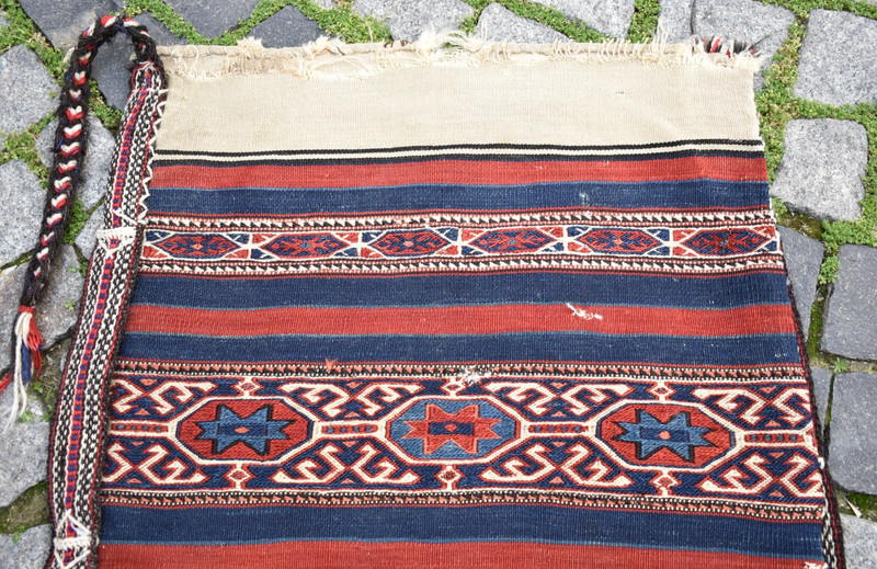Antique Turkish Chuval Rug 25'' x 43'' Collector's Item Soumak Chuval Bag Rug gallery